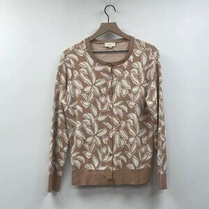 Ann Taylor LOFT Tropical Palm Tree Button Down Cardigan Knit Sweater Tan Large